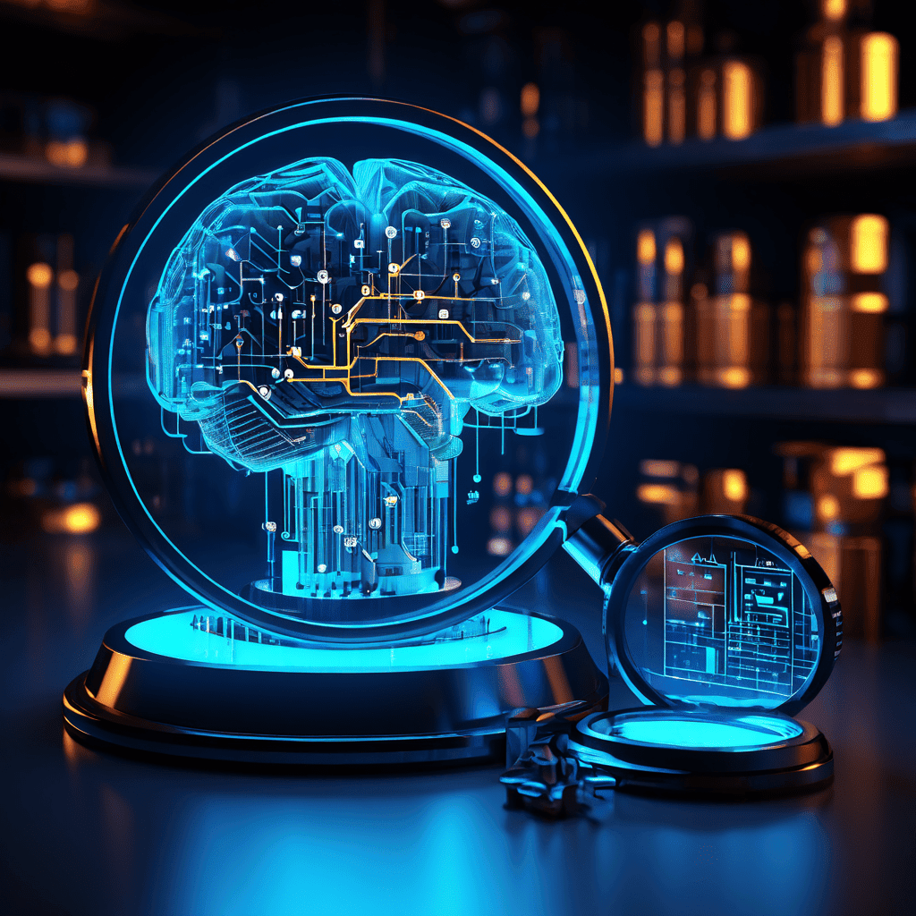 마케팅 에이전시의 로봇 팔이 검색 순위 1위 트로피를 제작하는 가운데, 확대경으로 들여다본 알고리즘 디지털 두뇌의 복잡한 데이터 파이프라인과 차트를 시각화한 개념 이미지입니다.